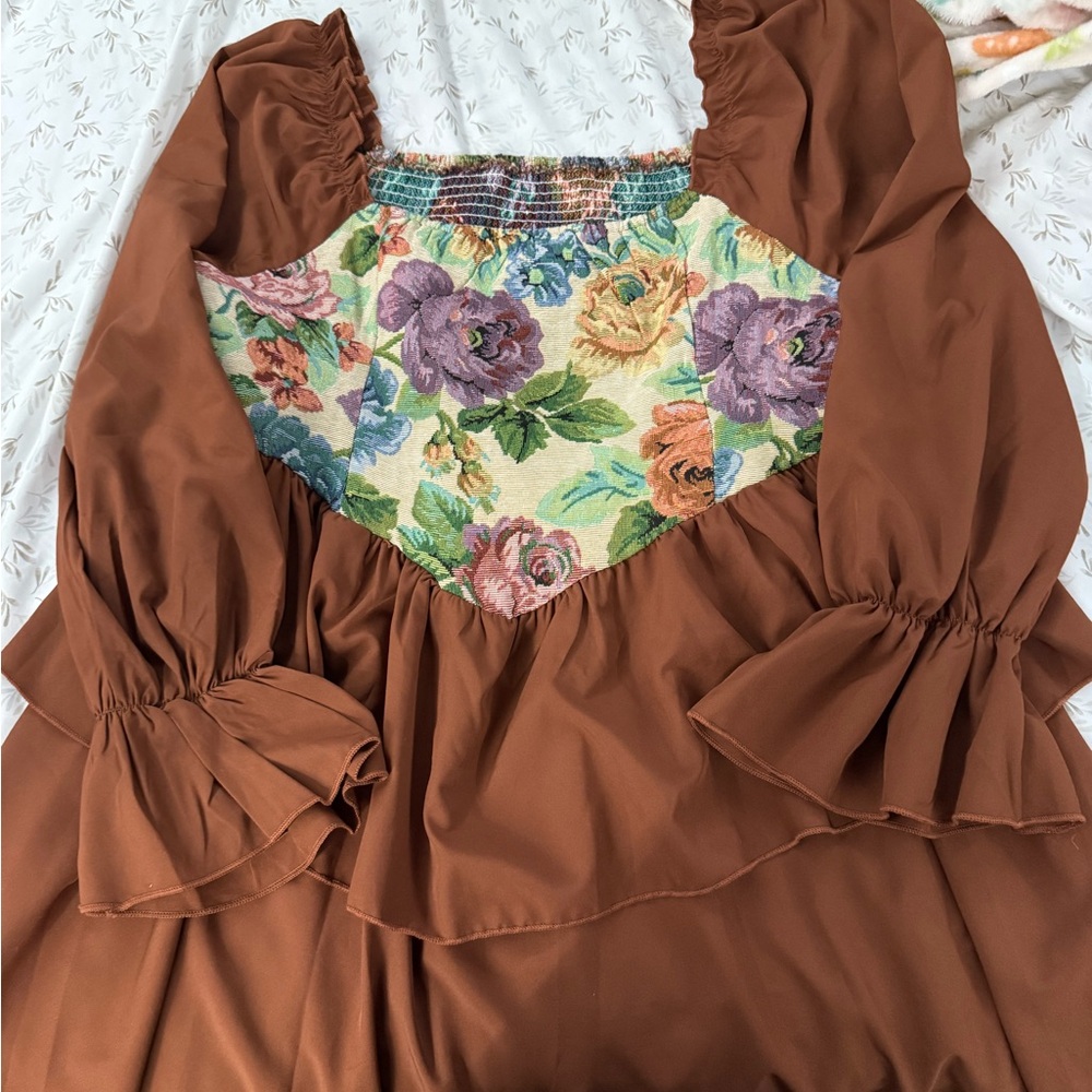 Floral Patchwork Brown Women's Dress
